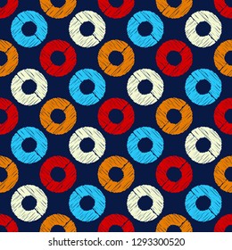 Polka dot seamless pattern. Mosaic of painted strokes circles. Lifebuoy. Geometric background. Can be used for wallpaper, textile, invitation card, web page background.