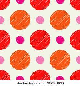 Polka dot seamless pattern. Mosaic of circles with hatching texture. Geometric background. Can be used for wallpaper, textile, invitation card, web page background.
