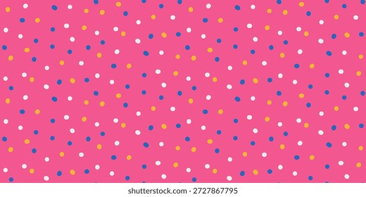 Polka ponto padrão sem emenda. Fundo rosa com borrifadas de confete de ponto. Cenário da celebração de aniversário. Ilustração vetorial infantil rabisca pontos. Design divertido para festas de bebê, temas infantis de padaria.