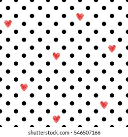 Polka dot seamless pattern with red hearts. Valentines Day design. Romantic vector background. 