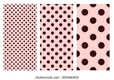 Polka dot seamless pattern set. Pink retro vector background. Geometric fabric swatch with black circles. Vintage repeat tile collection.  