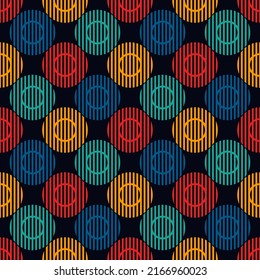 Polka dot seamless pattern. Striped circle print. Modern memphis stile geometric background. Bold trendy contemporary geo wallpaper. Repeated textured shapes ornament. Abstract vector illustration