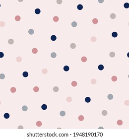 Polka dot seamless vector pattern. Navy blue, pink, grey and beige points, confetti on pink background for cute holiday design, kid and fashion textile, package, scrapbooking, wrapping paper, card