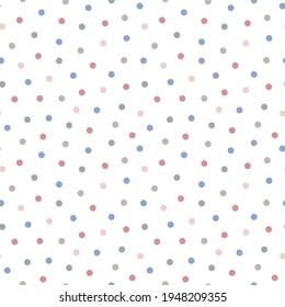 Polka dot seamless vector pattern. Blue, pink, grey and beige points, confetti on white background for cute holiday design, kid and fashion textile, package, scrapbooking, wrapping paper, card