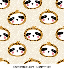 Polka dot sloth. Seamless pattern with cute animals faces. Childish print for nursery in a Scandinavian style. For baby clothes, interior, packaging. Vector cartoon illustration in pastel colors.