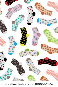 Polka dot socks vertical texture. Multicolored socks with polka dots on a white background. Fabric effect. Design element. Vector illustration.