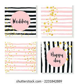 Polka Dot Sparkle. Glitterie Einladung. Weißes Vintage-Tapete. Schwarzer Feiertagspartikel. Datumbroschüre speichern. Goldener festlicher Rahmen. Streifen Sie die Weihnachtskarte. Streifen-Polka-Dot-Sparkasse