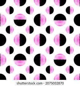 Polka dot spot seamless pattern it one side is pink leaf texture, the other half is black on white color background. circle design for paper print or wrapping. Simple round shape vector illustration.