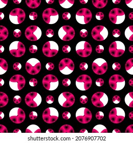 Polka dot spot seamless pattern it one side is pink butterfly wing texture, the other half is white on black color background.circle design for paper print or wrapping. round shape vector illustration