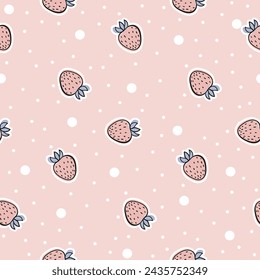 Polka dot and strawberries tasty cute seamless pattern. Vector illustration for printing on fabric and paper.