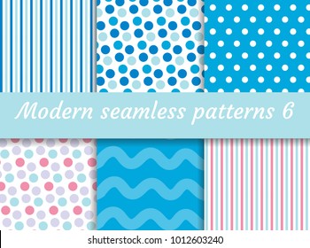 Polka dot, strips wave seamless pattern set. Digital Paper collection, modern style. Scrapbooking Kit. Vector illustration