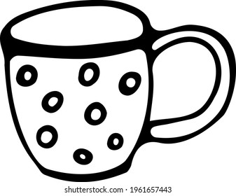 Polka dot teacup isolated on white background. Black and white vector illustration drawn by hand. Tea party, tea ceremony.