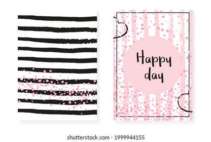 Polka Dot Texture. Rosa Romantische Kunst. Streifen einfache Karte. Rose-Branding-Malerei. Weiße Zaubertextilien. Handgezeichnetes Broschürenset. Leuchtende Illustration. Stripe Polka Dot Textur