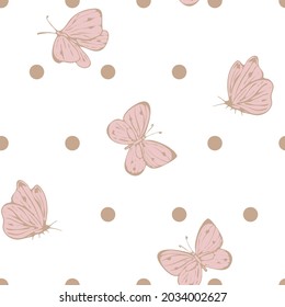 Polka dot tiled and butterflies simple seamless pattern. Vector background. Beige dots and pink butterflies on a white background. For fabric, paper, cover, clothing, wallpaper, notepad, wrapping