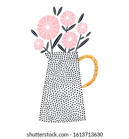 Polka dot vase with pink bouquet, vector illustration