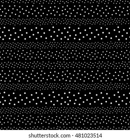 Polka dot vector monochrome seamless pattern, different chaotic white circles on black background. Abstract endless texture, design element for prints, cover, fabric, textile, wallpaper, digital, web
