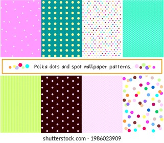 Polka dot wallpaper set. Dots pattern backgrounds. Little dots pattern collection. Colorful dots patterns. Pink, green, blue, brown and white dots pattern wallpapers.