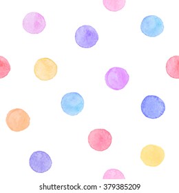 Polka dot watercolor texture. Aquarelle circles in pastel colors. Seamless pattern. Watercolor pink, blue and yellow spots isolated on white background.