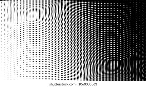 Polka dot wave halftone pattern. Gradient dots background. Modern vector illustration. Abstract curves. Points backdrop. Dotted spotted pattern. Monochrome wide grunge template
