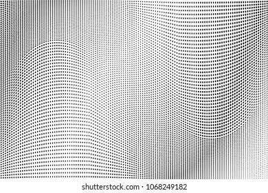 Polka dot wave halftone pattern. Gradient dots background. Modern vector illustration. Abstract curves. Points backdrop. Wavy dotted spotted 
pattern. Monochrome grunge template for web design