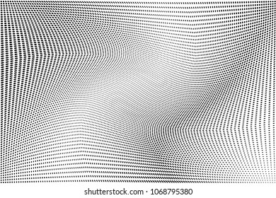 Polka dot wave halftone pattern. Gradient dots background. Modern vector illustration. Abstract curves. Points backdrop. Wavy dotted spotted 
pattern. Monochrome grunge template for web design