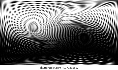 Polka dot wave halftone pattern. Gradient dots background. Modern vector illustration. Abstract curves. Points backdrop. Wavy dotted spotted 
pattern. Monochrome grunge template for web design