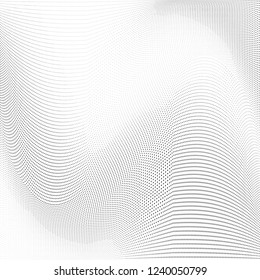Polka dot wave halftone pattern. Gradient dots background. Modern vector illustration. Abstract curves. Points backdrop. Wavy dotted spotted 
pattern. Monochrome grunge template for web design