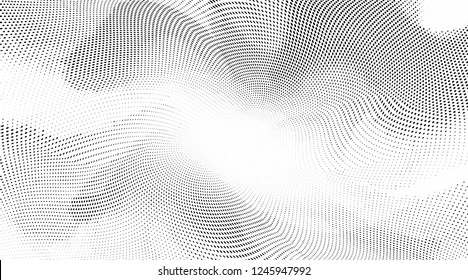 Polka dot wave halftone pattern. Gradient dots background. Modern vector illustration. Abstract curves. Points backdrop. Wavy dotted spotted 
pattern. Monochrome wide template for web design