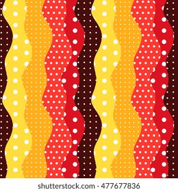 Polka dot and waves. Cute seamless pattern in color of petal of flower zinnia.