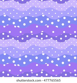Polka dot and waves. Cute seamless pattern in color of petal of flower larkspur.