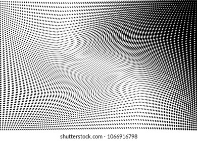 Polka dot waves halftone pattern. Gradient dots background. Modern vector illustration. Abstract curves. Points backdrop. Dotted spotted pattern. Monochrome black and white template for web design