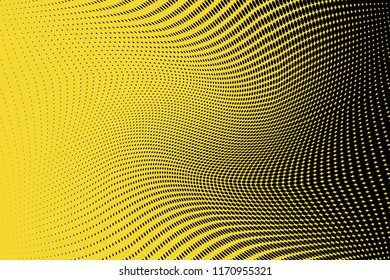 Polka dot yellow black halftone pattern. Gradient dots background. Modern vector illustration. Abstract curves. Points backdrop. bright colors dotted spotted pattern