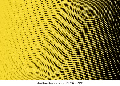 Polka dot yellow black halftone pattern. Gradient dots background. Modern vector illustration. Abstract curves. Points backdrop. bright colors dotted spotted pattern