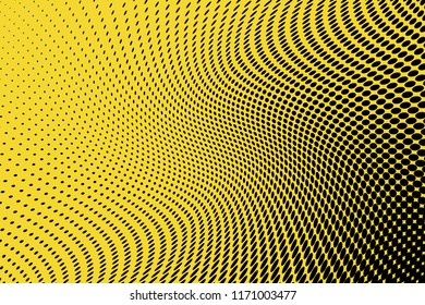 Polka dot yellow black halftone pattern. Gradient dots background. Modern pop art vector illustration. Abstract curves. Points backdrop. Bright colors dotted spotted pattern