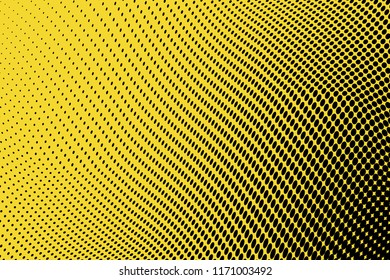 Polka dot yellow black halftone pattern. Gradient dots background. Modern pop art vector illustration. Abstract curves. Points backdrop. Bright colors dotted spotted pattern