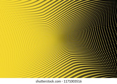 Polka dot yellow black halftone pattern. Gradient dots background. Modern pop art vector illustration. Abstract curves. Points backdrop. Bright colors dotted spotted pattern