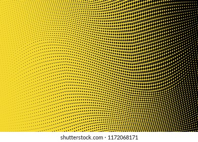 Polka dot yellow black halftone pattern. Gradient dots background. Modern vector illustration. Abstract curves. Points backdrop. Bright colors dotted spotted pattern