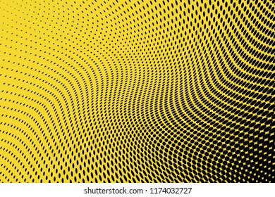 Polka dot yellow black halftone pattern. Gradient dots background. Modern pop art vector illustration. Abstract curves. Points backdrop. Bright colors dotted spotted pattern