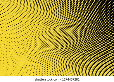 Polka dot yellow black halftone pattern. Gradient dots background. Modern pop art vector illustration. Abstract curves. Points backdrop. Bright colors dotted spotted pattern