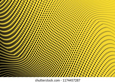 Polka dot yellow black halftone pattern. Gradient dots background. Modern pop art vector illustration. Abstract curves. Points backdrop. Bright colors dotted spotted pattern