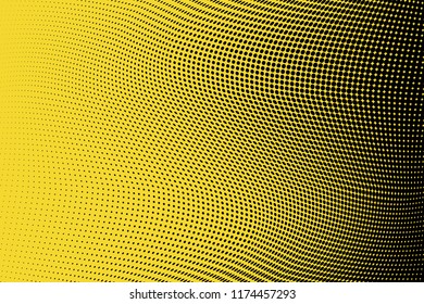 Polka dot yellow black halftone pattern. Gradient dots background. Modern pop art vector illustration. Abstract curves. Points backdrop. Bright colors dotted spotted pattern