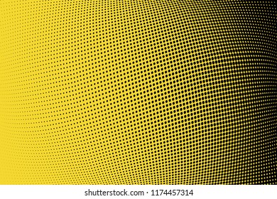 Polka dot yellow black halftone pattern. Gradient dots background. Modern pop art vector illustration. Abstract curves. Points backdrop. Bright colors dotted spotted pattern