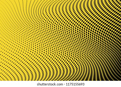 Polka dot yellow black halftone pattern. Gradient dots background. Modern pop art vector illustration. Abstract curves. Points backdrop. Bright colors dotted spotted pattern