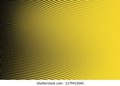 Polka dot yellow black halftone pattern. Gradient dots background. Modern pop art vector illustration. Abstract curves. Points backdrop. Bright colors dotted spotted pattern