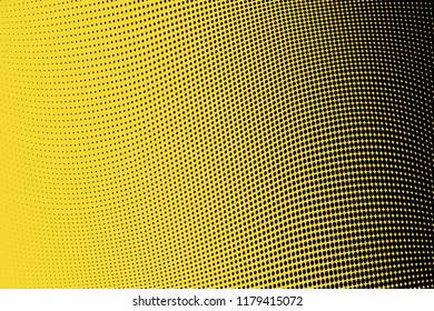 Polka dot yellow black halftone pattern. Gradient dots background. Modern pop art vector illustration. Abstract curves. Points backdrop. Bright colors dotted spotted pattern