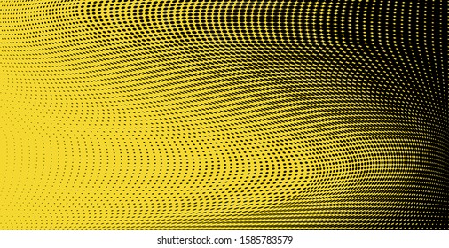 Polka dot yellow black wavy gradient halftone pattern. Half tone background. Modern vector illustration. Black points backdrop. Bright colors dotted spotted panoramic pattern. Web banner template