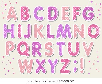 Polka dots 3D english alphabet letters set. LOL girly doll, Happy birthday banner, surprise style design. Vector