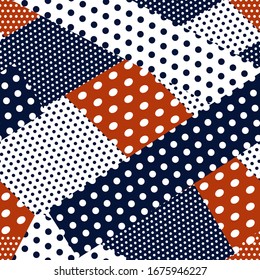 Polka dots abstract seamless. Patchwork motifs pattern. Red, blue, white color background. Idea for material, textile, fabric, wallpaper, wrapping paper design. Vector