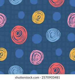 Polka dots abstract seamless pattern crayon drawn. Circular spots allover background. Round brush blobs repeat cover. Scribble oval elements marker draw. Vector surface design festive motif.