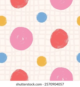 Polka dots abstract seamless pattern crayon drawn. Circular spots allover background. Round brush blobs repeat cover. Scribble oval elements marker draw. Vector surface design festive motif.